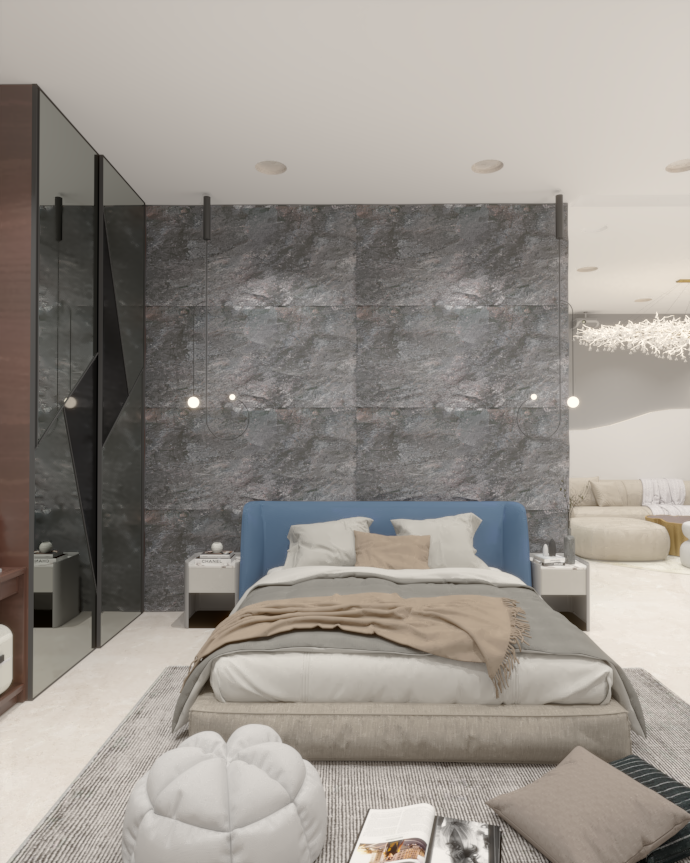 Luxury interior of a bedroom in monochrome shade