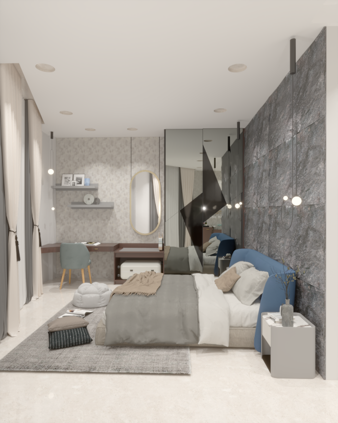 Luxury interior of a bedroom in monochrome shade