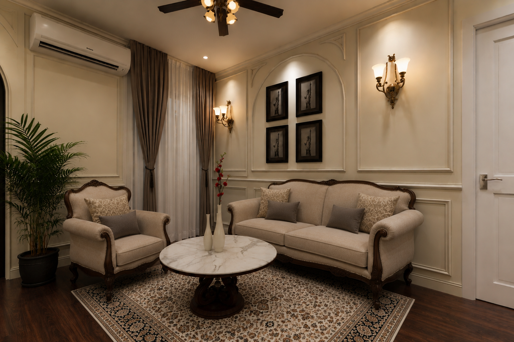 Modern living room showing the average interior design cost India